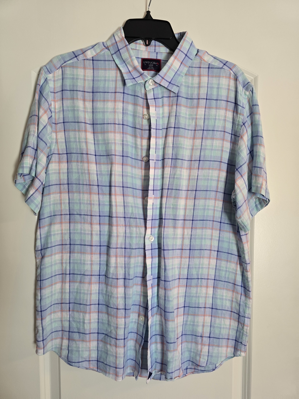 UNTUCKit Men's Short Sleeve Cotton L Lg Plaid Button Up Shirt Linen Pastel Blue